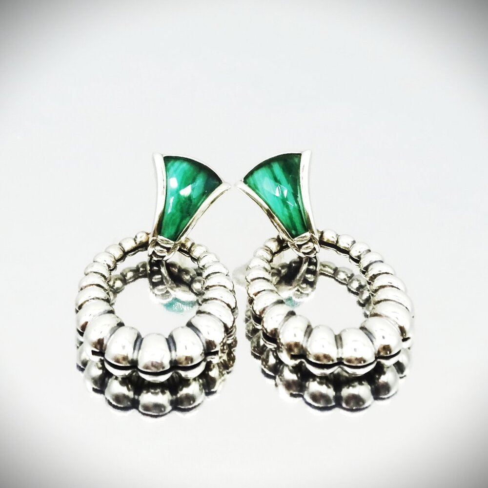 LAGOS Venus Link Oval Fluted Sterling Silver 18K Gold Post Malachite Earrings